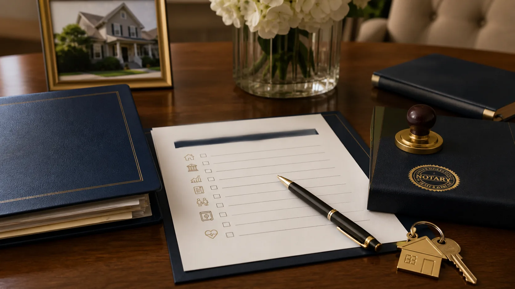 Organized planning documents, pen and home key
