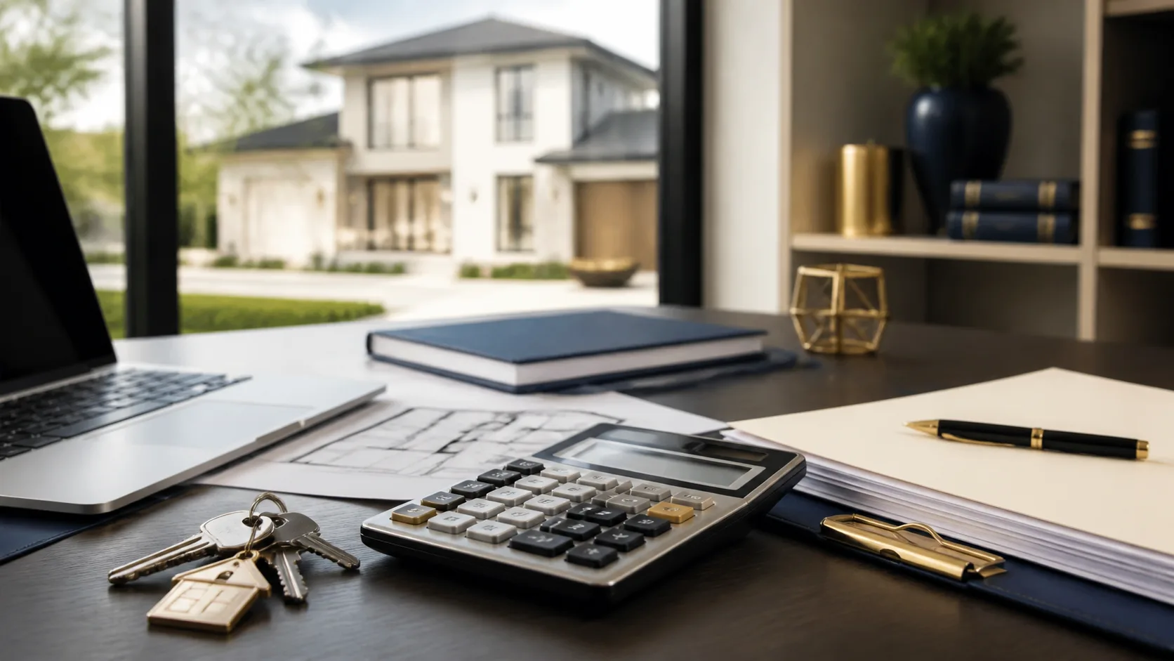 Home financing papers, calculator and house keys