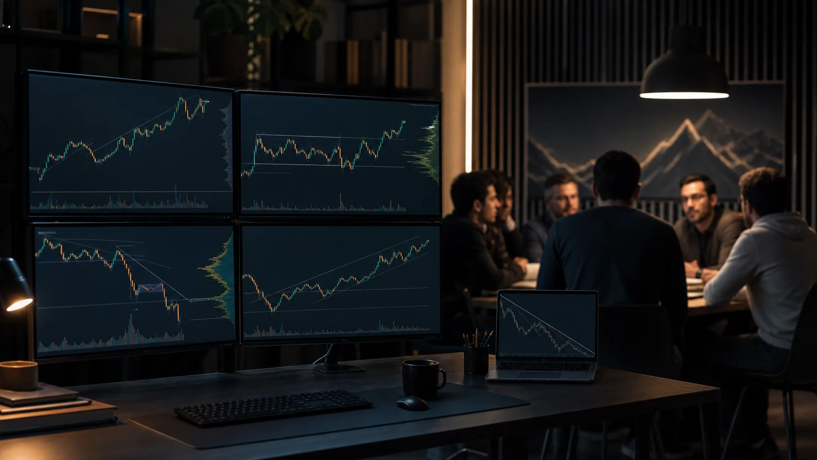 People studying market charts together in an educational setting